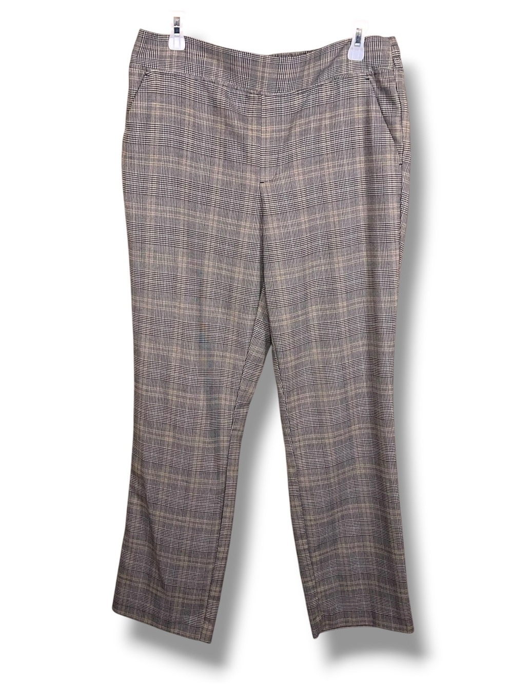 Large Black White Beige Plaid Preppy Academia Pull On Pants Stretch Straight Leg